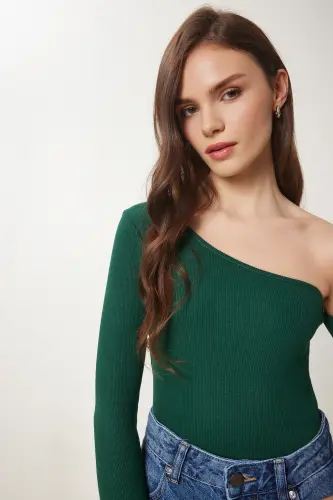 Kadın Yeşil Açık Omuzlu Fitilli Örme Bluz TG00011 - Yeşil 