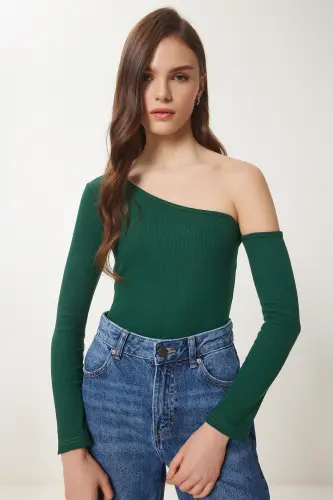 Kadın Yeşil Açık Omuzlu Fitilli Örme Bluz TG00011 - Yeşil - 3