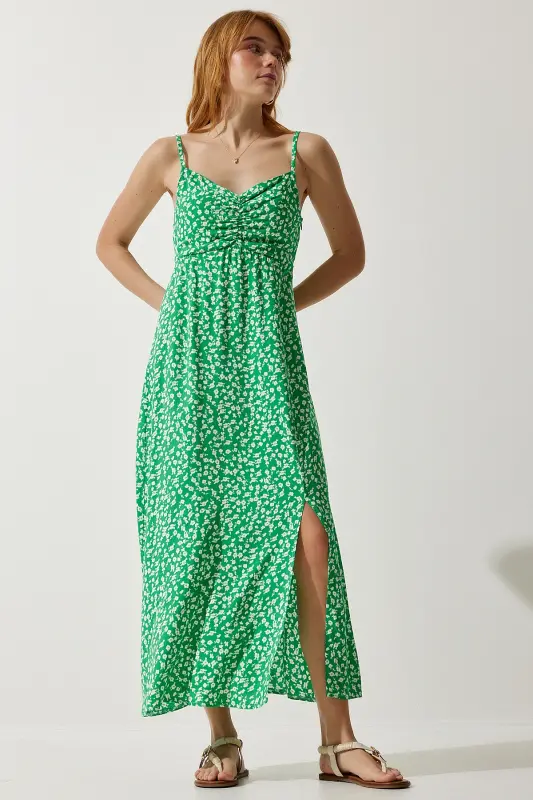 Kadın Yeşil Askılı Desenli Viskon Elbise UB00236-Yeşil - 2