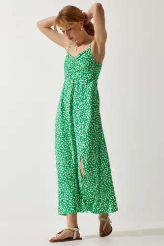 Kadın Yeşil Askılı Desenli Viskon Elbise UB00236-Yeşil - 3