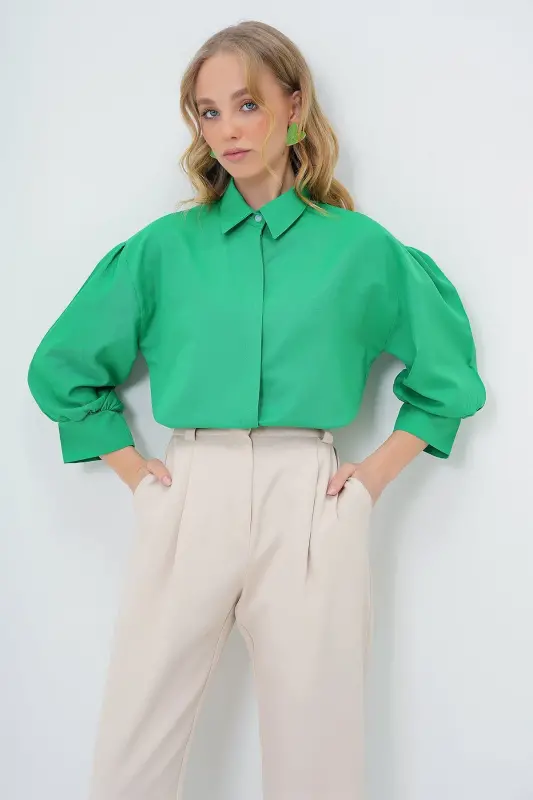 Kadın Yeşil Balon Kol Gizli Patlı Basic Poplin Gömlek ALC-X9654-YEŞİL - 7