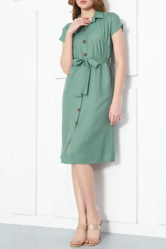 Kadın Yeşil Beli Kemerli Kısa Kol Gömlek Elbise ARM-19Y001068-YEŞİL - 3