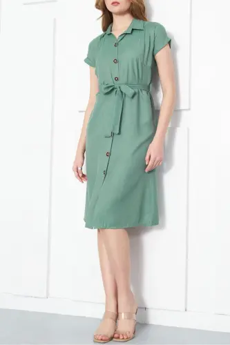 Kadın Yeşil Beli Kemerli Kısa Kol Gömlek Elbise ARM-19Y001068-YEŞİL - 4