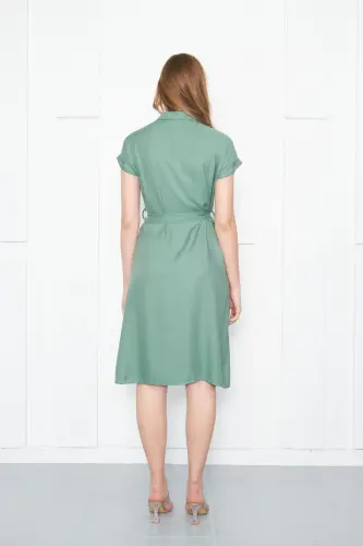 Kadın Yeşil Beli Kemerli Kısa Kol Gömlek Elbise ARM-19Y001068-YEŞİL - 5