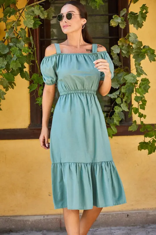 Kadın Yeşil Beli Lastikli Askili Elbise-Yeşil - ARMONIKA