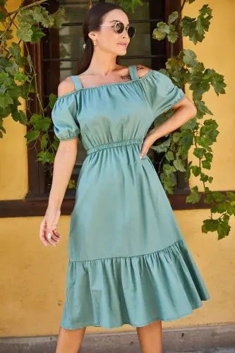 Kadın Yeşil Beli Lastikli Askili Elbise-Yeşil - ARMONIKA (1)