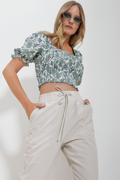 Grün-weiße kurze Leinenbluse für Damen mit quadratischem Kragen, Wassermelonenärmeln und elastischem Bund ALC-X11651 - GRÜN-WEISS - 3