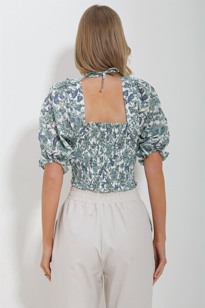 Grün-weiße kurze Leinenbluse für Damen mit quadratischem Kragen, Wassermelonenärmeln und elastischem Bund ALC-X11651 - GRÜN-WEISS - 6