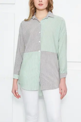 Kadın Yeşil Çizgili İki Renkli Uzun Kol Salaş Gömlek ARM-21K001193-Yeşil - 1