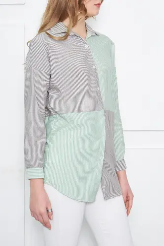 Kadın Yeşil Çizgili İki Renkli Uzun Kol Salaş Gömlek ARM-21K001193-Yeşil - 3