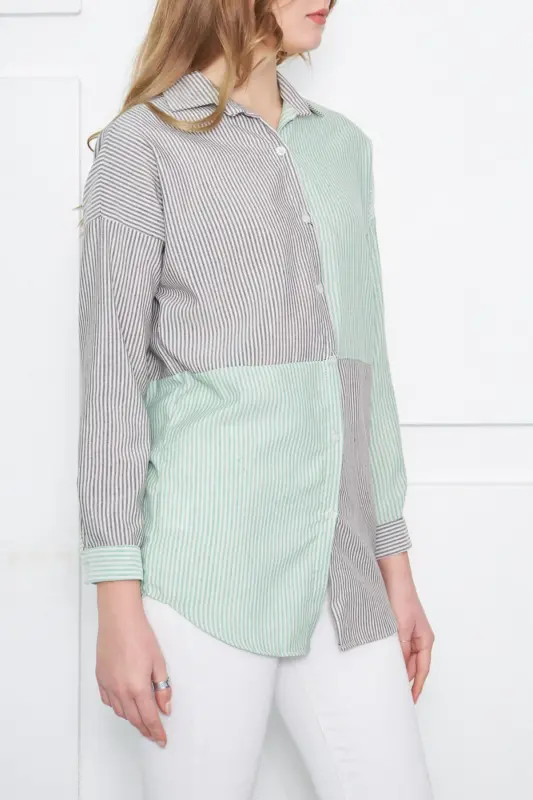 Kadın Yeşil Çizgili İki Renkli Uzun Kol Salaş Gömlek ARM-21K001193-Yeşil - 3
