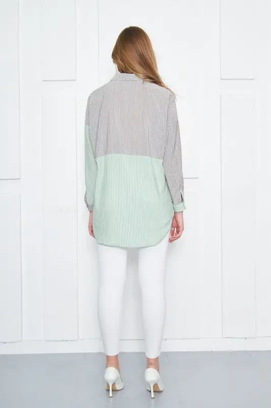 Kadın Yeşil Çizgili İki Renkli Uzun Kol Salaş Gömlek ARM-21K001193-Yeşil - 4