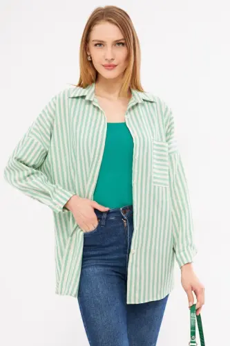 Kadın Yeşil Çizgili Uzun Kol Cep Detaylı Pileli Oversize Gömlek ARM-24Y001057-Yeşil - 3