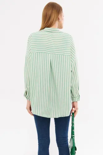 Kadın Yeşil Çizgili Uzun Kol Cep Detaylı Pileli Oversize Gömlek ARM-24Y001057-Yeşil - 4