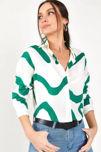 Kadın Yeşil Desenli Uzun Kol Gömlek ARM-22K001123-Yeşil - 1