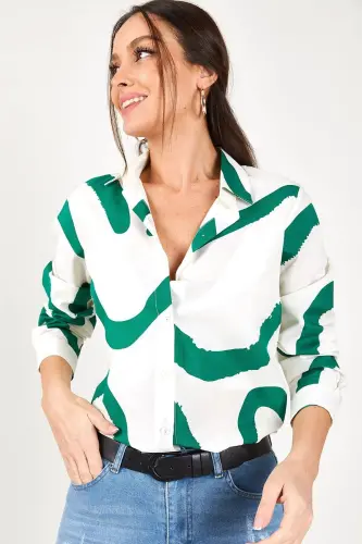 Kadın Yeşil Desenli Uzun Kol Gömlek ARM-22K001123-Yeşil - 3