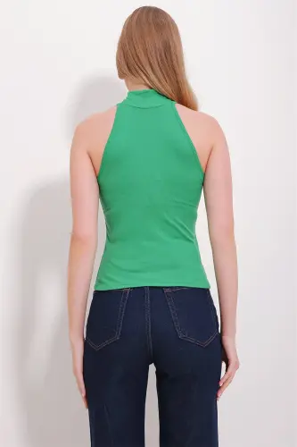 Kadın Yeşil Dik Yaka Halter Kollu Kaşkorse Bluz Alc-X11497-YEŞİL - 5