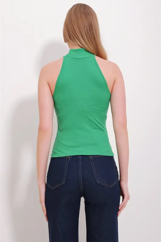 Kadın Yeşil Dik Yaka Halter Kollu Kaşkorse Bluz Alc-X11497-YEŞİL - 5
