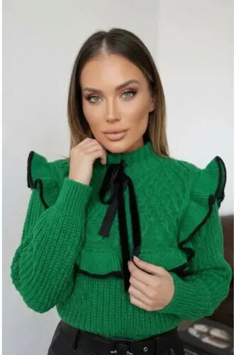 Kadın Yeşil Fırfırlı Detay Selanik Örgü Kazak - Elma Yeşili - hillswomanstore (1)