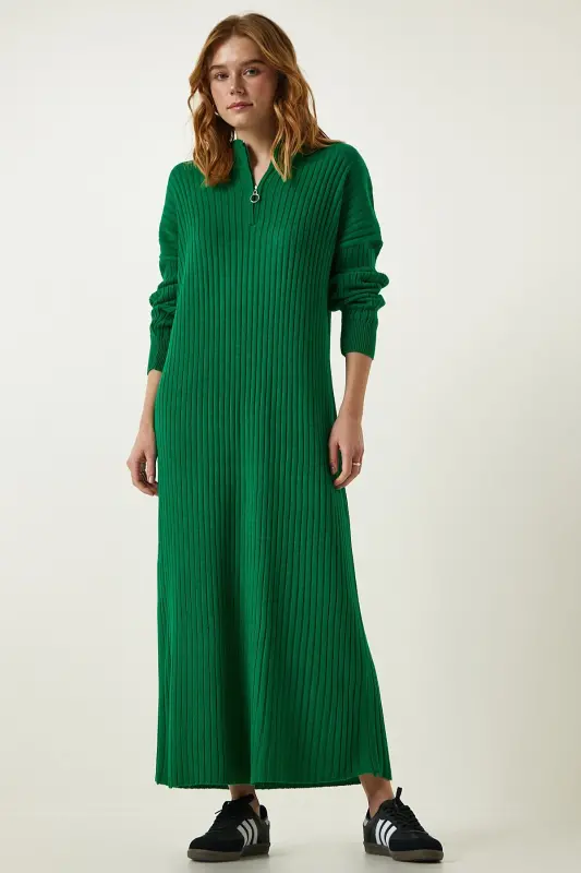 Kadın Yeşil Fitilli Oversize Triko Elbise DD01251 - Yeşil - HAPPINESS İSTANBUL