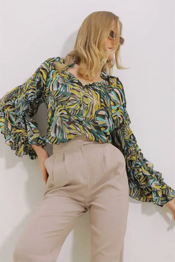 Kadın Yeşil Hakim Yaka Kolları Volanı Desenli Şifon Gömlek ALC-X11478-YEŞİL - 5