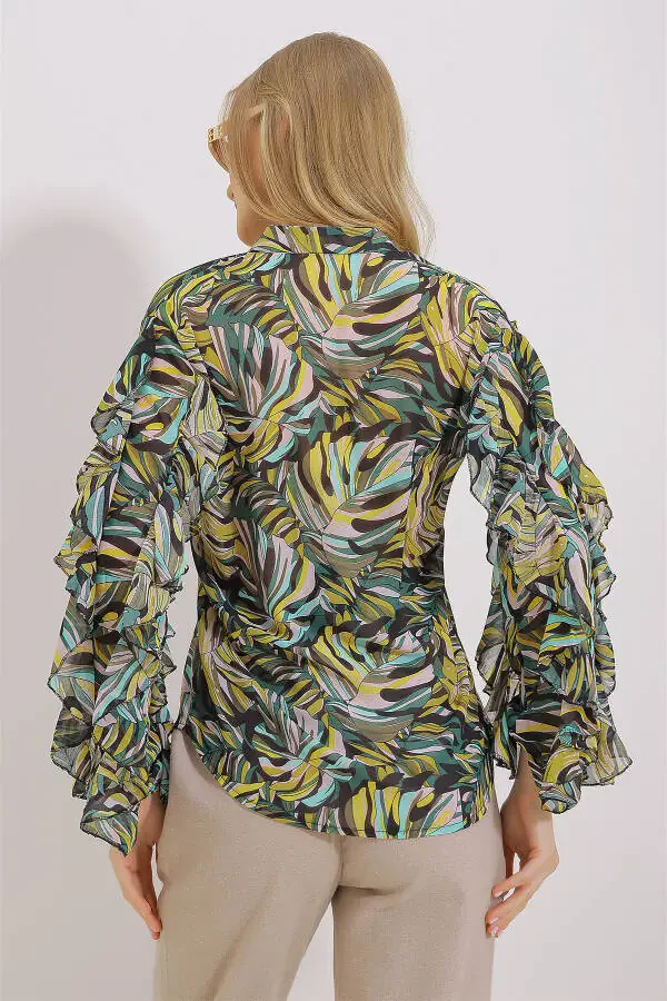 Kadın Yeşil Hakim Yaka Kolları Volanı Desenli Şifon Gömlek ALC-X11478-YEŞİL - 7