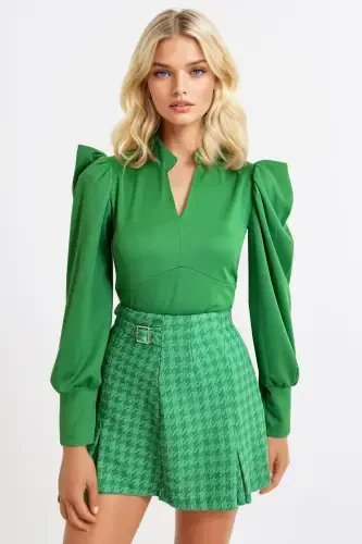 Kadın Yeşil Hakim Yaka Prenses Kol Dokuma Crop Bluz ALC-X9659-YEŞİL - TREND ALAÇATI STILI (1)