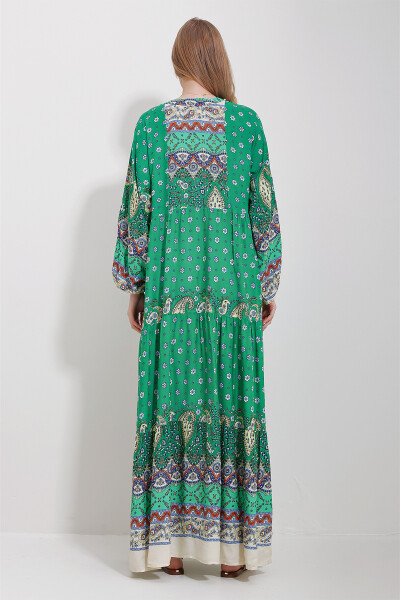 Kadın Yeşil Hakim Yaka Şal Desenli Maxi Boy Elbise ALC-X11593-YEŞİL - 6