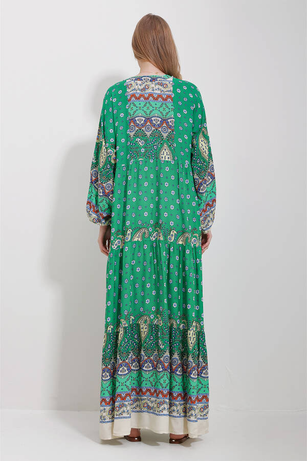 Kadın Yeşil Hakim Yaka Şal Desenli Maxi Boy Elbise ALC-X11593-YEŞİL - 6