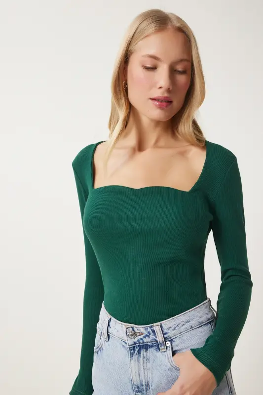 Kadın Yeşil Kalp Yaka Fitilli Örme Bluz GT00100 - Yeşil - 3