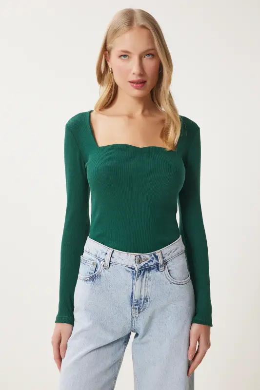 Kadın Yeşil Kalp Yaka Fitilli Örme Bluz GT00100 - Yeşil - 4