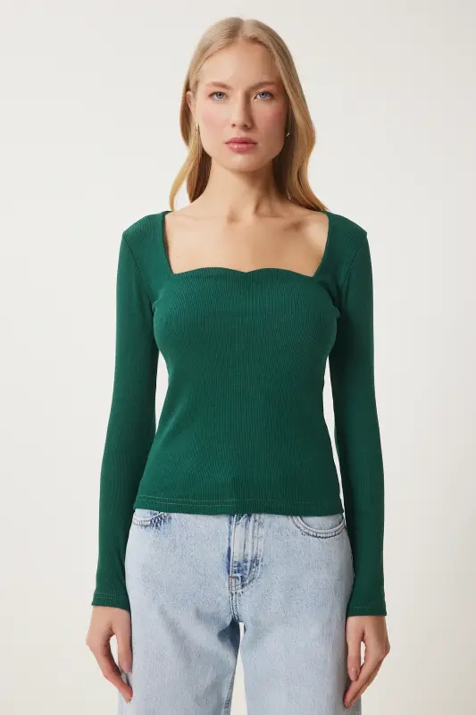 Kadın Yeşil Kalp Yaka Fitilli Örme Bluz GT00100 - Yeşil - 6