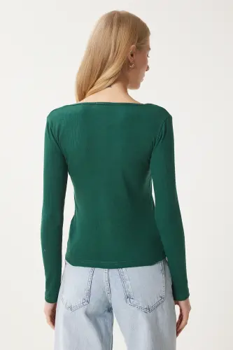 Kadın Yeşil Kalp Yaka Fitilli Örme Bluz GT00100 - Yeşil - 8