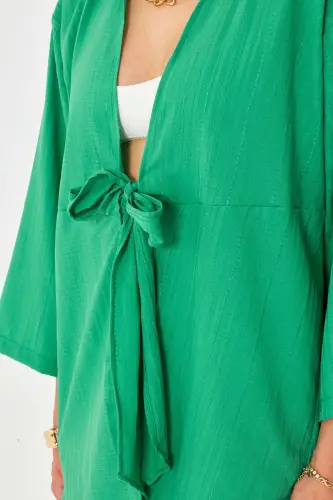 Kadın Yeşil Kendinden Çizgili Önden Bağlamalı Kimono Gömlek ARM-24Y001101 - Yeşil - 3