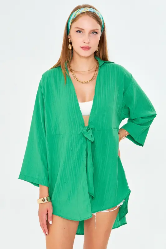 Kadın Yeşil Kendinden Çizgili Önden Bağlamalı Kimono Gömlek ARM-24Y001101-Yeşil - 3
