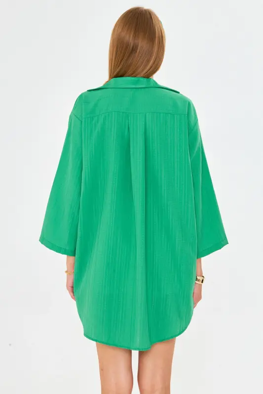 Kadın Yeşil Kendinden Çizgili Önden Bağlamalı Kimono Gömlek ARM-24Y001101-Yeşil - 5