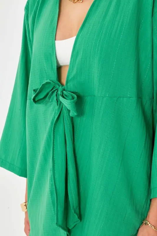 Kadın Yeşil Kendinden Çizgili Önden Bağlamalı Kimono Gömlek ARM-24Y001101 - Yeşil - 3