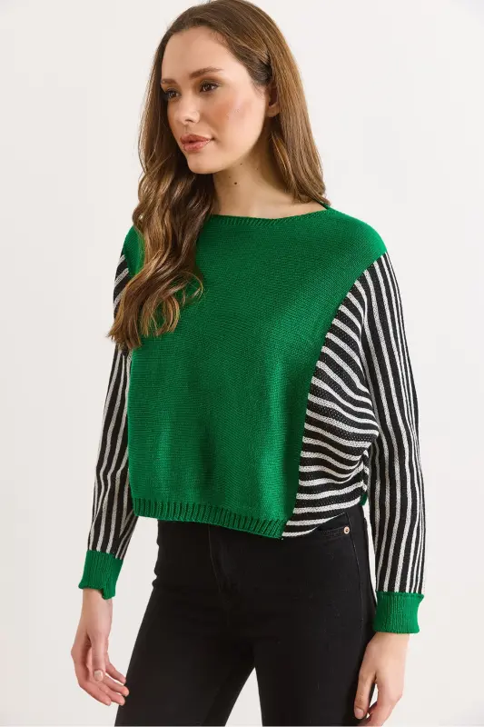 Kadın Yeşil Kol Detaylı Triko Kazak KZK-19000817-Yeşil - 6