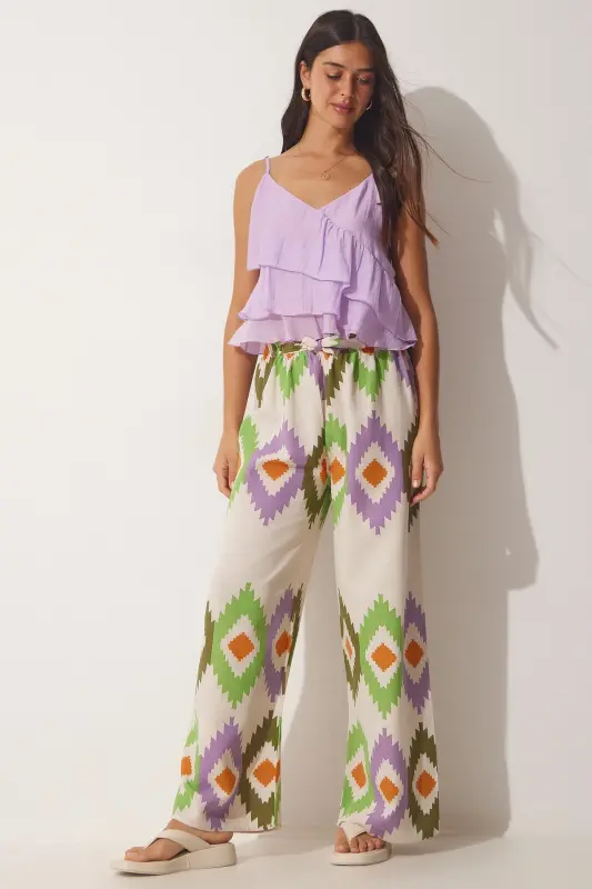 Kadın Yeşil Krem Çiçekli Keten Palazzo Pantolon BH00385-Yeşil Krem - 2