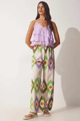 Kadın Yeşil Krem Çiçekli Keten Palazzo Pantolon BH00385-Yeşil Krem - 3