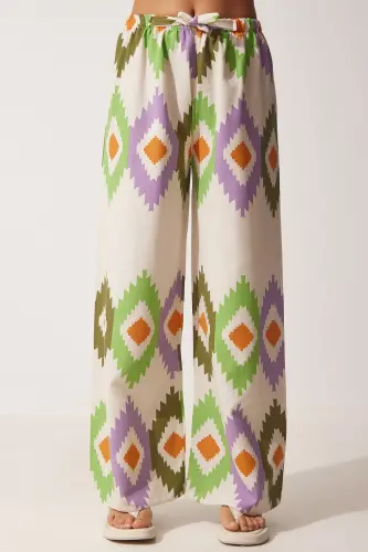 Kadın Yeşil Krem Çiçekli Keten Palazzo Pantolon BH00385-Yeşil Krem - 4