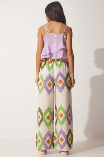 Kadın Yeşil Krem Çiçekli Keten Palazzo Pantolon BH00385-Yeşil Krem - 5