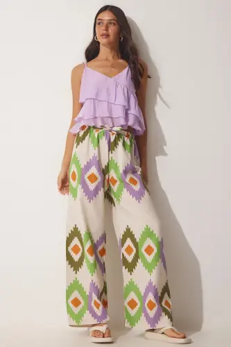 Kadın Yeşil Krem Çiçekli Keten Palazzo Pantolon BH00385-Yeşil Krem 