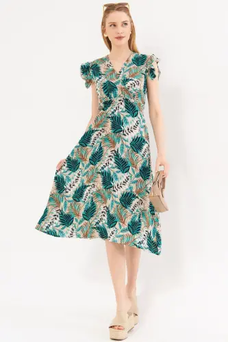 Kadın Yeşil Kruvaze Yaka Omuzu Fırfır Detaylı Beli Lastikli Midi Boy Elbise ARM-24Y001020-Yeşil 