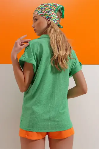 Kadın Yeşil Manşetli Duble Kısa Kollu Dokulu Gömlek Alc-X8724-YEŞİL - 6