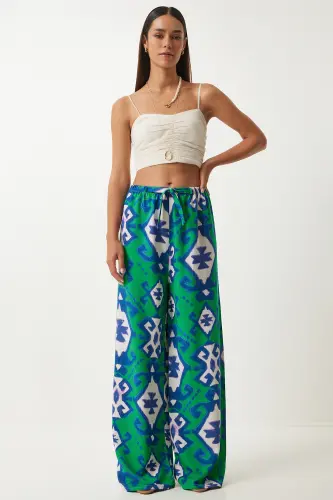 Damen Palazzo-Hose aus rohem Leinen mit grün-blauem Muster BH00397 - Grün Blau 