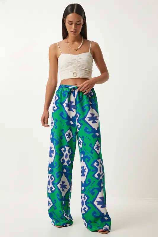 Kadın Yeşil Mavi Desenli Ham Keten Palazzo Pantolon BH00397-Yeşil Mavi - 2
