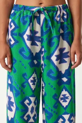 Kadın Yeşil Mavi Desenli Ham Keten Palazzo Pantolon BH00397-Yeşil Mavi - 3