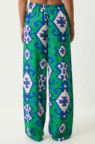 Kadın Yeşil Mavi Desenli Ham Keten Palazzo Pantolon BH00397-Yeşil Mavi - 4