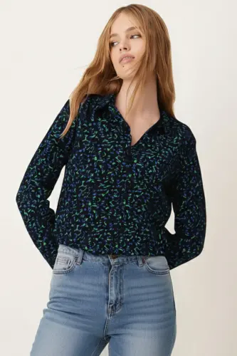 Kadın Yeşil-Mavi Desenli Uzun Kol Gömlek ARM-22K001123-Yeşil 